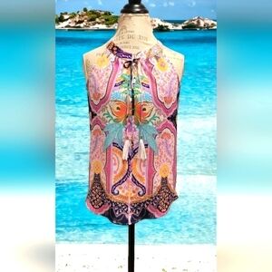 Rose & Olive Paisley  Sleeveless Tank Blouse with Tassels